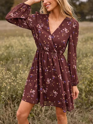 Vista 5 de CUPSHE Vestido floral de otoño para mujer, estilo bohemio, para vacaciones Borgoña Ditsy