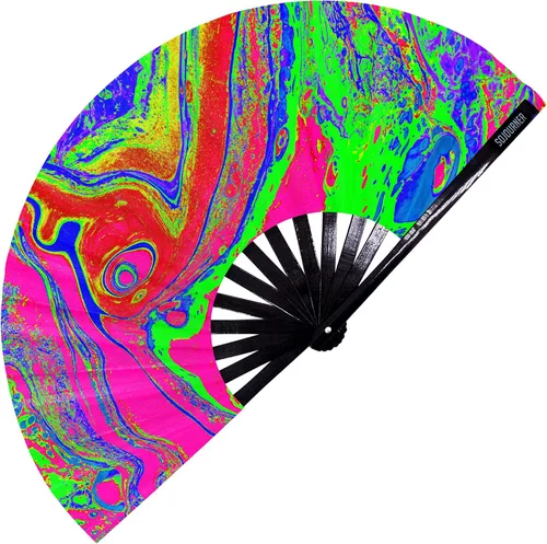 Vista 28 de SoJourner Bags Rave Fan – Abanico plegable grande – Abanico de mano Clack para raves, Halloween, Burlesque, atuendos arcoíris para mujeres