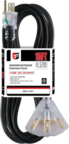 Vista 34 de EP Cable de extensión de 3 pies, 12/3 SJTW 3 tomas de corriente eléctrica Negro
