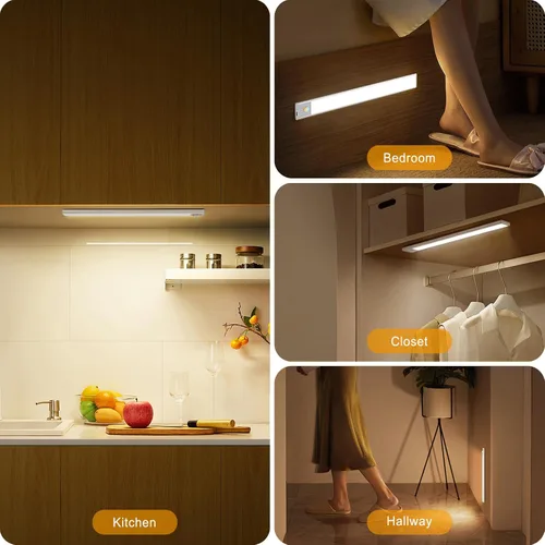 Vista 6 de BLS Luces para debajo del gabinete, 46 luces LED a batería con sensor de movimiento para interiores, luces de armario recargables USB C con sensor