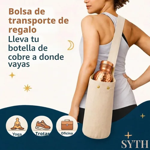 Vista 6 de SYTH Botella de agua de cobre 100% puro con bolsa de lona de transporte, probada en laboratorio, 34 onzas, a prueba de fugas, recipiente de cobre