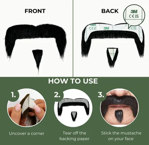 Vista 4 de Mustaches Bigote falso autoadhesivo del abuelo, novedad, pelo facial falso, accesorio de disfraz para adultos, color negro brillante