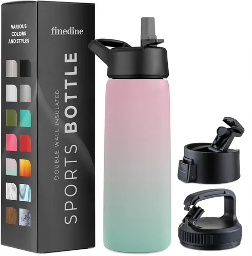 Vista 40 de FineDine Botellas de agua aisladas de triple pared con popote, botella de metal de acero inoxidable de 25 onzas con 3 tapas a prueba de fugas