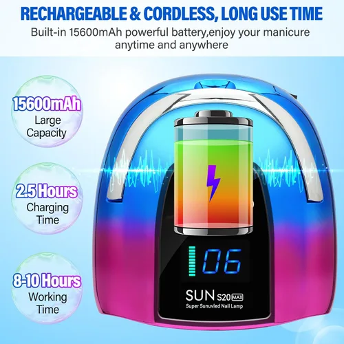 Vista 3 de Lámpara de uñas LED UV, inalámbrica, luz UV recargable portátil de 128 W para uñas de gel, secadora de luz de gel profesional con sensor automático
