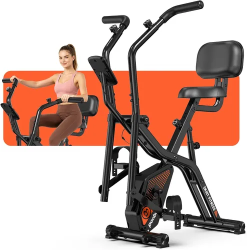 Vista 9 de pooboo - Bicicleta de ejercicio plegable, bicicleta estática vertical plegable, bicicleta magnética para interiores X-Bike con resistencia ajustable