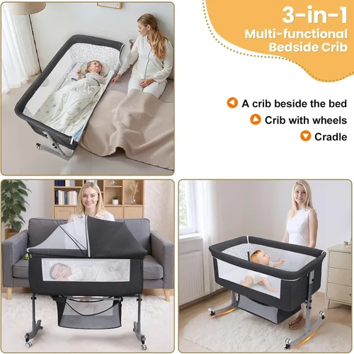 Vista 9 de Cuna de bebé 3 en 1 con almacenamiento - Cuna de noche ajustable en Negro