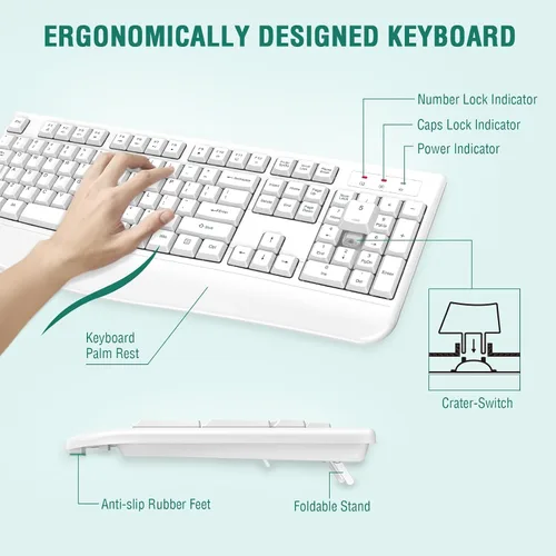 Vista 2 de EDJO Teclado inalámbrico, 2.4G ergonómico de tamaño completo, teclado inalámbrico de computadora con reposamuñecas para Windows, Mac