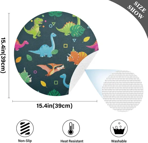 Vista 4 de Colorful Cartoon Dinosaurs Playful Teal Dinner Table Placemats, Non Slip Placemats Set Washable for Kitchen Table one sizex1