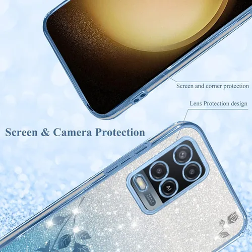 Vista 6 de Kainevy - Funda de teléfono para Oppo A54 4G, funda transparente con purpurina rosa floral para mujeres y niñas, bonita funda para teléfono Oppo