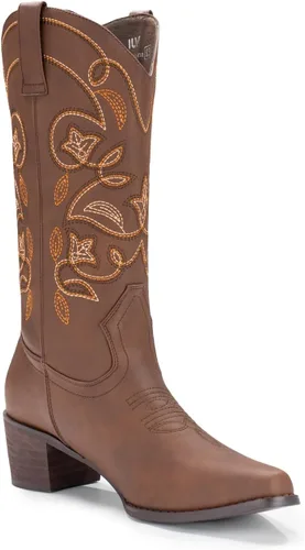 Vista 2 de IUV Botas vaqueras para mujer con punta puntiaguda, botas vaqueras de media pantorrilla