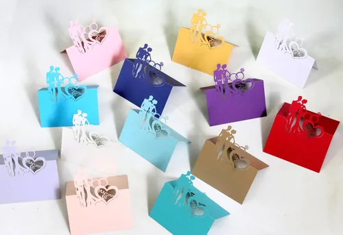 Vista 2 de 50 tarjetas de lugar, tarjetas de mesa, tarjetas de nombre para ajuste de mesa, romántico, amante, corazón, tarjeta de papel, banquete de asiento 3d