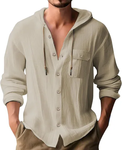 Vista 5 de Sudadera con capucha de algodón y lino para hombre, camisa de manga larga con botones, ligera, casual, para la playa, hippie, tops