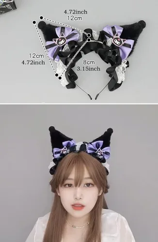 Vista 6 de Kuromi - Diadema con lazos y cintas de encaje, diadema de Lolita para disfraz de dibujos animados, fiesta de cosplay para niños y mujeres y niñas