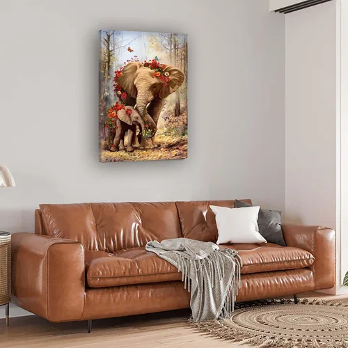 Vista 4 de iHAPPYWALL Pintura vintage de elefante para mamá y bebé, arte de pared de animales salvajes, flores, bosque, paisaje, obra de arte para el hogar