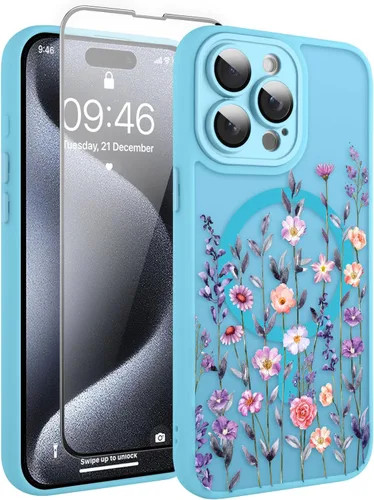Vista 62 de Magnético para iPhone 13 con protector de pantalla [Compatible con MagSafe] Diseño de patrón floral de flores bonitas, funda delgada a prueba