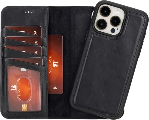Vista 24 de Bayelon Funda tipo cartera para iPhone 15 Pro, cartera de cuero de grano completo, funda magnética desmontable, tarjetero, funda tipo cartera