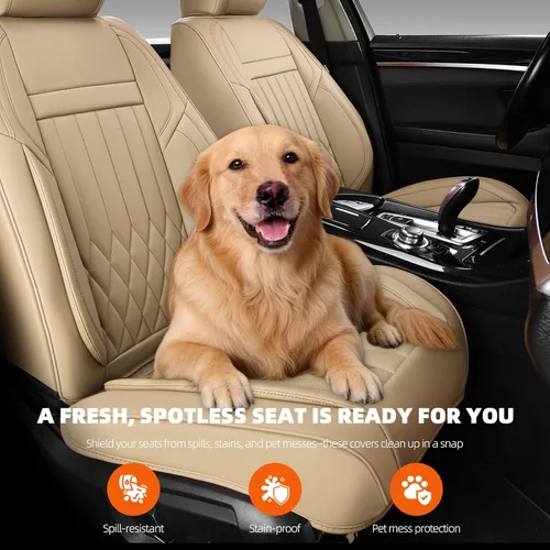 Vista 4 de Juego completo de fundas de asiento de automóvil de cuero napa impermeables y transpirables de 2 plazas, aptas para asientos delanteros de beige
