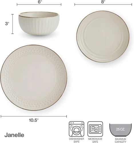 Vista 3 de Pfaltzgraff Janelle - Juego de vajilla de 12 piezas, servicio para 4, color crema