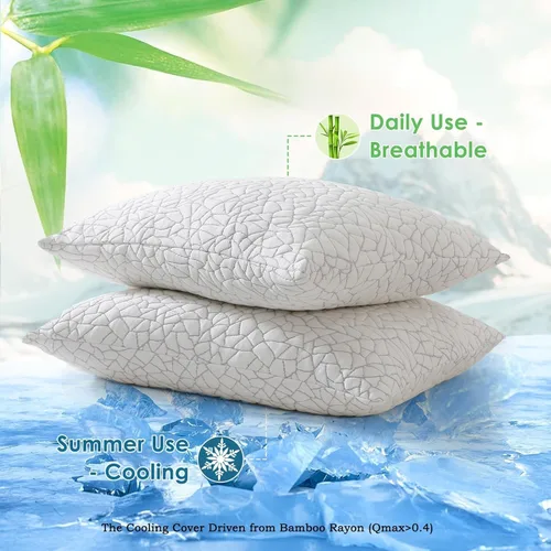 Vista 4 de Juego de 2 almohadas refrescantes de espuma viscoelástica triturada, tamaño Queen, funda extraíble de rayón de bambú + espuma de gel extra, 100%
