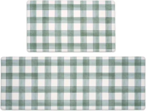 Vista 9 de FRESHMINT Juego de 2 piezas de alfombrillas de cocina estilo granja moderna con cuadros antifatiga para piso, impermeables y antideslizantes Beige
