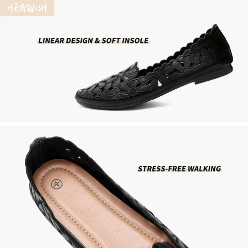 Vista 4 de HEAWISH - Zapatos planos para mujer estilo baletas, con diseño floral, cuero PU, punta redonda, calzado elegante, color negro y beige