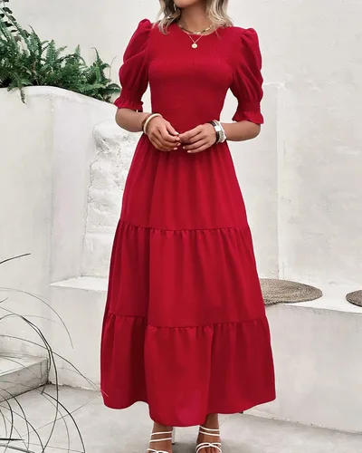 Vista 8 de BTFBM Vestidos para mujer, cuello redondo, casual, de verano, con volantes, manga corta, bohemio, con niveles, fruncido, largo, con estampado floral