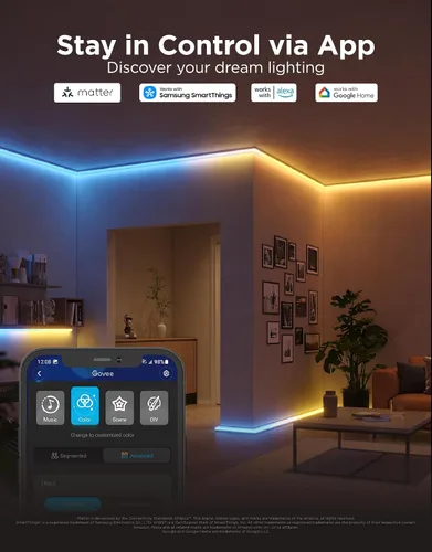 Vista 3 de Govee RGBIC - Tira de luces LED de 9.8 pies con cubiertas, luces LED inteligentes que funcionan con Alexa y Google Assistant, canal difusor