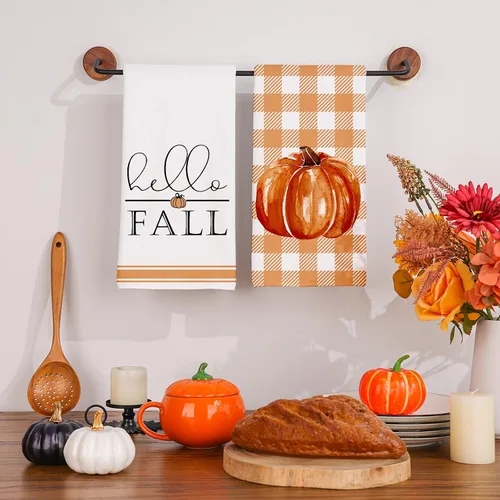 Vista 3 de Siilues Juego de 2 toallas de cocina de otoño, 18 x 26 pulgadas, diseño de calabaza, decoraciones de otoño para el hogar, temporada de otoño, Acción
