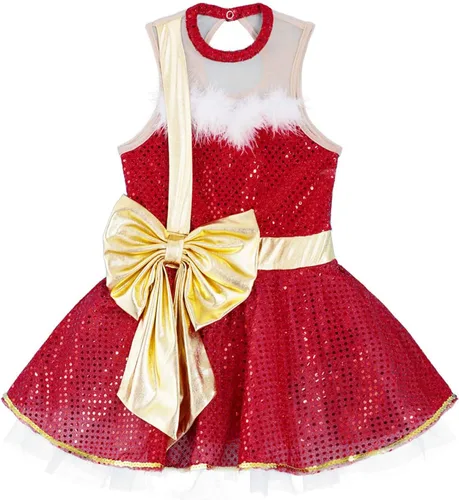 Vista 5 de Xnihocha Disfraz de fiesta de baile de Navidad para niños y niñas, con lentejuelas brillantes, figura de patinaje sobre hielo, tutú de ballet