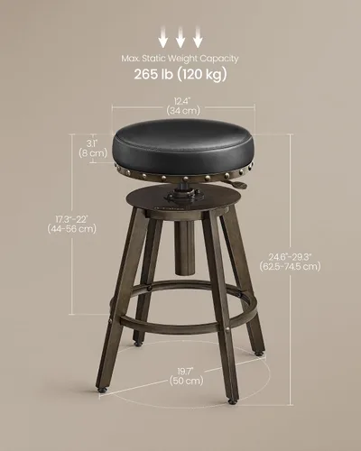Vista 3 de Taburetes de bar SONGMICS Home, juego de 2, taburete de mostrador Steampunk para cocina, altura ajustable y asiento acolchado giratorio, taburete