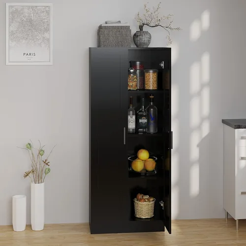 Vista 2 de Panana Gabinete de almacenamiento de madera, gabinetes estrechos de despensa, gabinete de almacenamiento alto con 2 puertas y estantes (negro)