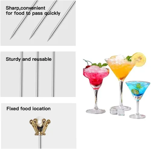 Vista 3 de Palillos de cóctel de acero inoxidable, palillos de martini de metal, palillos de dientes de frutas, brocheta reutilizable para adornar, bebidas