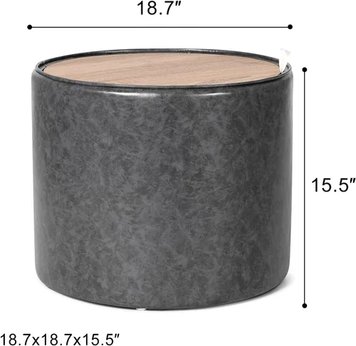 Vista 3 de Adeco Otomana redonda de almacenamiento, reposapiés de almacenamiento de piel sintética con tapa extraíble, mesa auxiliar lateral para sala de estar
