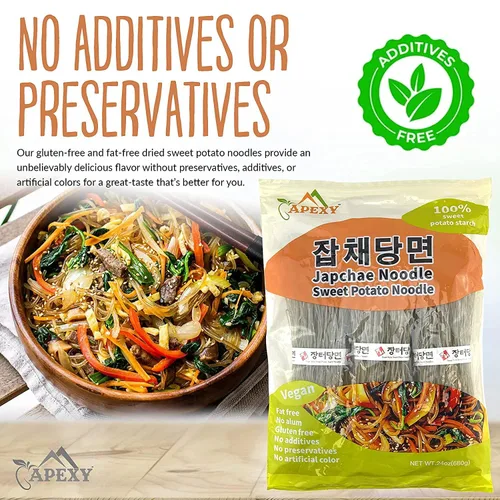 Vista 6 de APEXY Fideos de vidrio de batata, fideos japchae, pasta de fideos coreanos, sin grasa y sin gluten, 100% almidón de batata, sin aditivos, sin