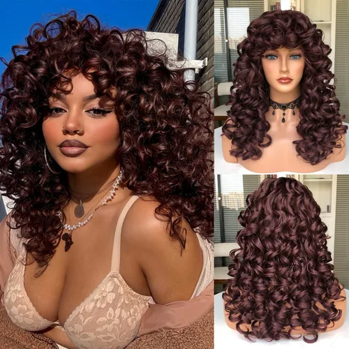 Vista 9 de Pelucas afro rizadas para mujeres negras, peluca larga y rizada con flequillo, fibra sintética esponjosa, sin pegamento, para cosplay y uso diario