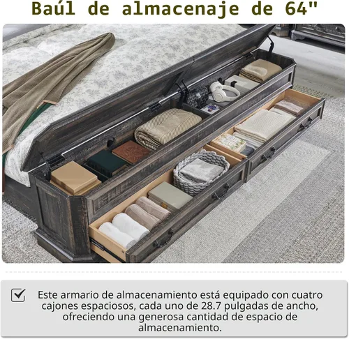 Vista 4 de T4TREAM Cama Queen de granja con cabecera y banco de almacenamiento, cama de plataforma de madera rústica con baúl de almacenamiento de 64 pulgadas