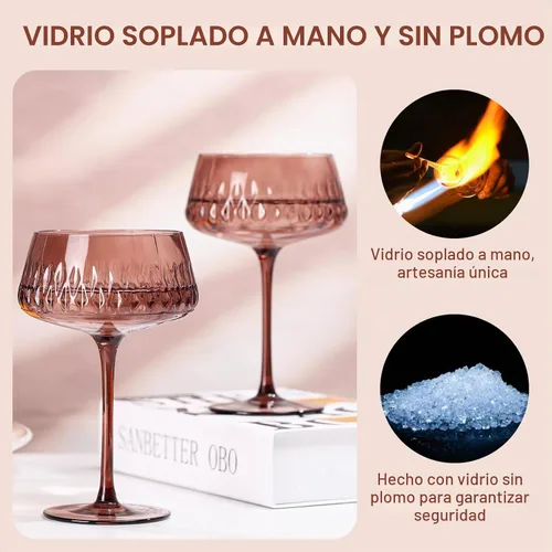 Vista 3 de Juego de 6 vasos de Martini marrón, 14 onzas, grandes vasos vintage para cócteles y champán, cristalería de colores elegantes para bar en casa
