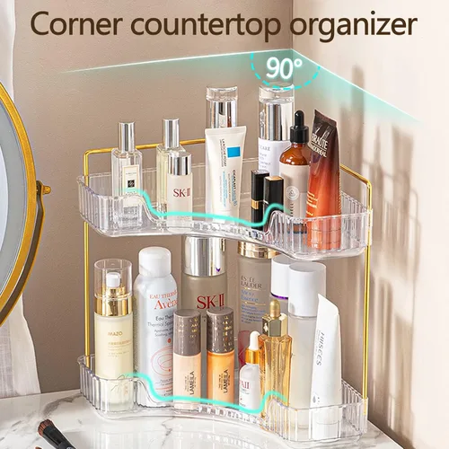 Vista 4 de shuang qing Organizador de Esquina de 2 Niveles para Mostrador de Baño – Estante de Almacenamiento Clásico para Maquillaje, Perfume y Artículos