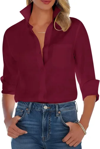 Vista 6 de Camisas con botones para mujer, camisa de vestir de manga larga, sin arrugas, con cuello, camisa de trabajo, casual, blusa de oficina
