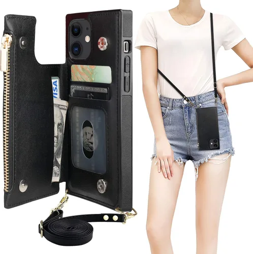Vista 18 de Bocasal Funda tipo cartera cruzada para iPhone 12 Mini con tarjetero, protector de ranura para tarjetas con cremallera, a prueba de golpes, con Negro
