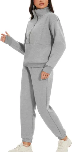Vista 6 de PEHMEA Conjunto deportivo de 2 piezas de otoño para mujer, con forro polar, holgado, manga larga, media cremallera, cómodo conjunto de descanso