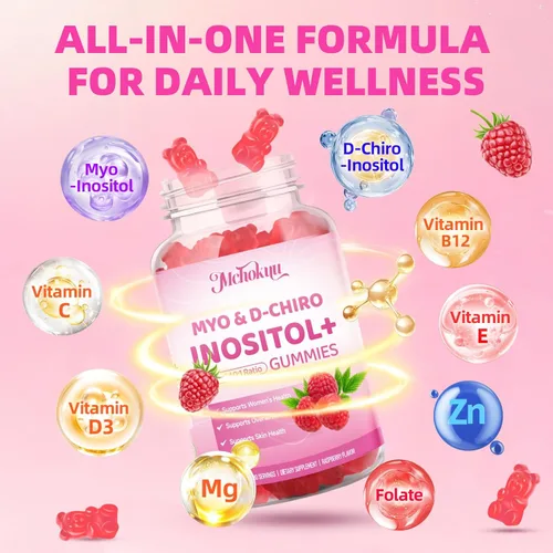 Vista 3 de Gomitas de mio-inositol y D-Chiro inositol, suplemento ideal de proporción 40:1 para mujeres con vitamina D3 y B12 para apoyar el equilibrio