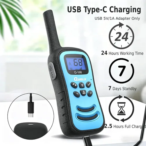 Vista 5 de QUOLIX Walkie Talkies para niños, paquete de 2 unidades, juguetes recargables para niños de 3 a 12 años, Walkie Talkie de largo alcance con 22