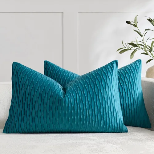 Vista 37 de DEZENE Fundas de almohada para sofá color marfil blanco: pack de 2 fundas de almohada cuadradas de terciopelo a rayas originales de 16x16 pulgadas