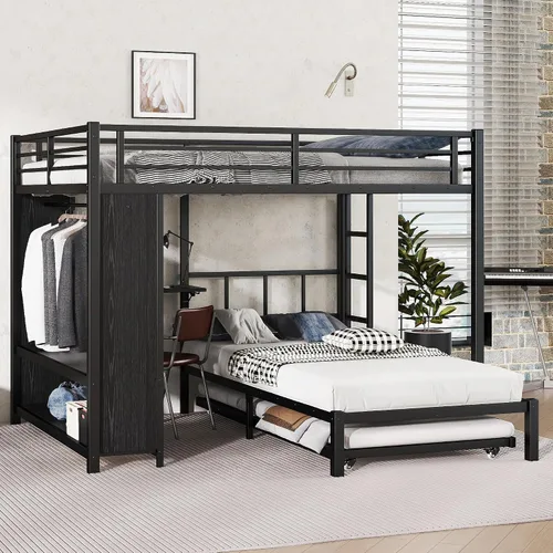 Vista 10 de Full Over Twin Bunk Bed with Trundle and Ladders, Metal Bunk Bed Frame with Built-in Foldable Desk & Wardrobe, Space-Saving Beds for Kids Teens
