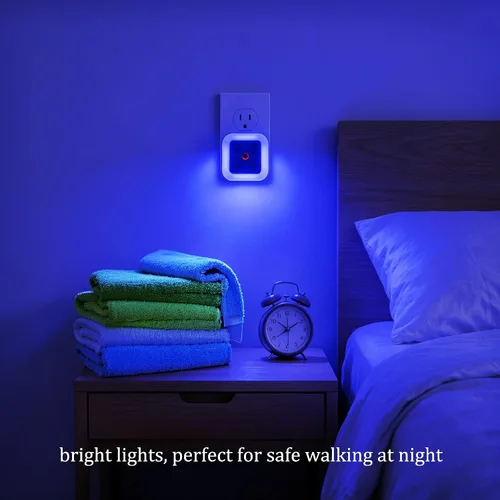 Vista 2 de Paquete de 4 luces LED de noche azul brillante, luz nocturna de pared enchufable de 0.5 W con sensor automático del atardecer al amanecer