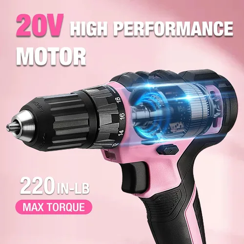 Vista 4 de WORKPRO Taladro Atornillador Inalámbrico Rosa de 20V y Juego de Herramientas para el Hogar, Kit de Herramientas Manuales de 141 Piezas