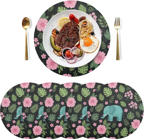 Vista 3 de Playful Teal Elephants Round Table Placemats, Heat Resistant Non Slip Circle Washable Placemats for Kitchen one sizex1