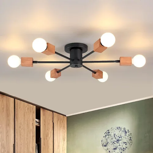 Vista 7 de Lámpara de techo de madera semiempotrada, 6 luces, lámpara Sputnik de madera rústica, iluminación de techo estilo granja, roble y negro con E26
