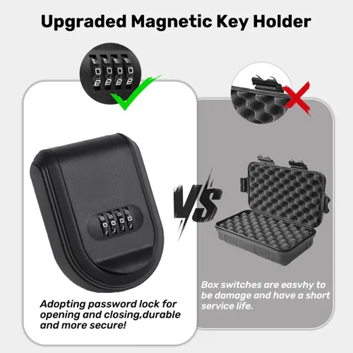 Vista 4 de Llavero magnético con cerradura de combinación, caja de llaves magnética impermeable para uso en exteriores, automóvil e interior, imán fuerte negro